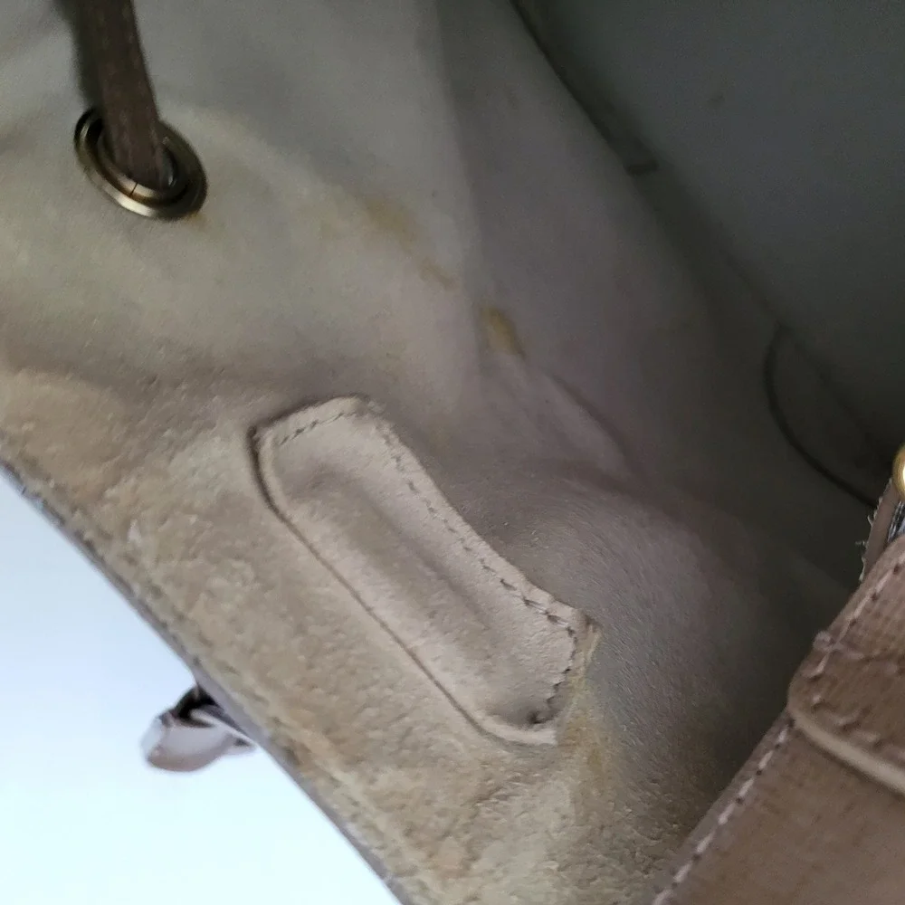 Furla Stacy Saffiano Leather Bucket Bag Taupe Brown Drawstring Crossbody